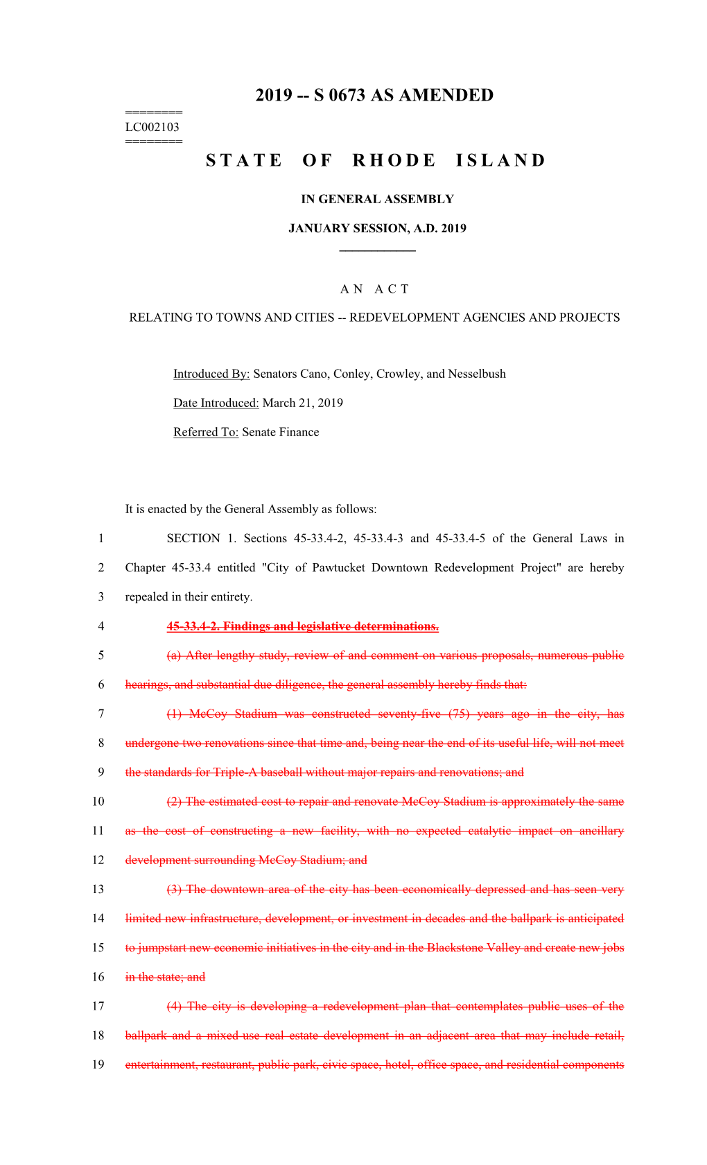 2019 -- S 0673 As Amended State of Rhode Island