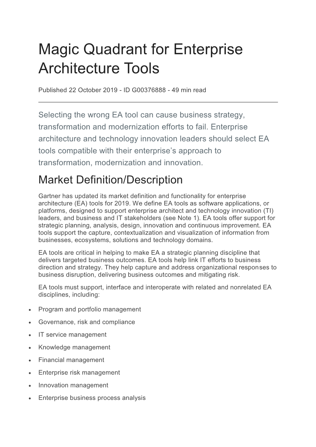 Magic Quadrant for Enterprise Architecture Tools