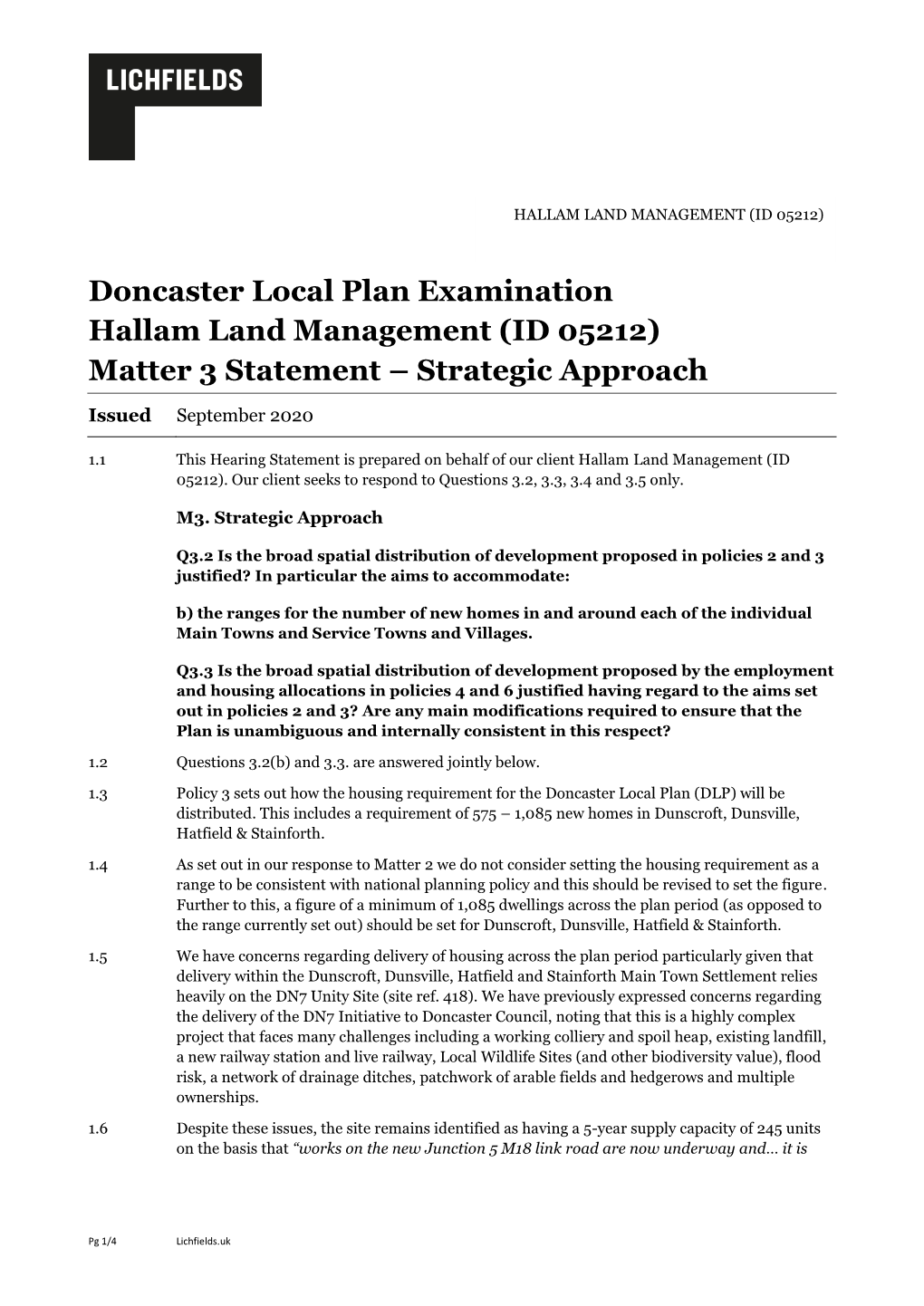 Doncaster Local Plan Examination Hallam Land Management (ID 05212) Matter 3 Statement – Strategic Approach