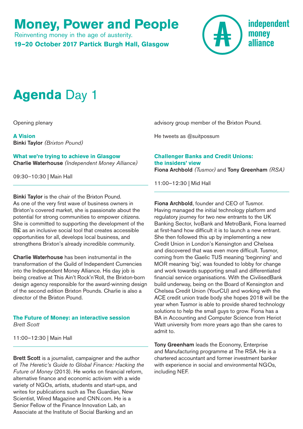 Money, Power and People Agenda Day 1