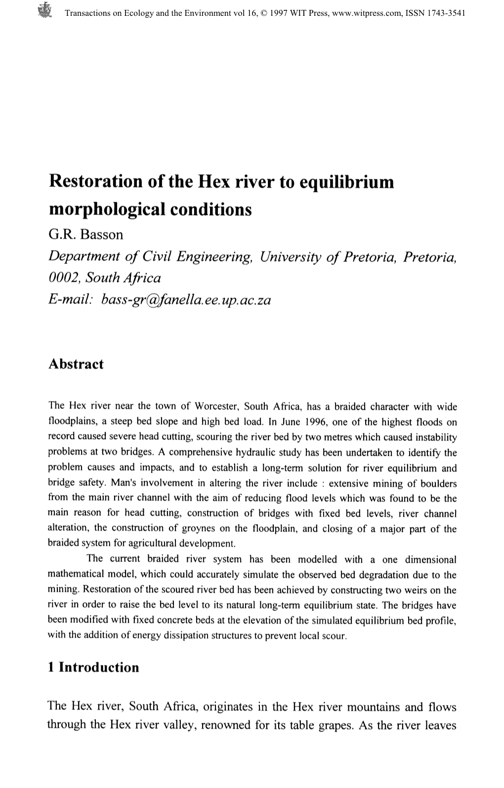 Restoration of the Hex River to Equilibrium Morphological