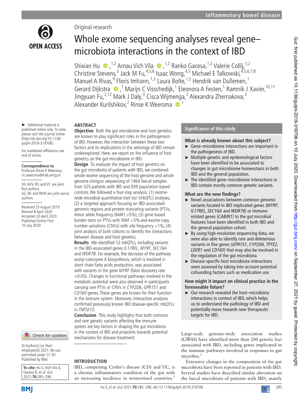 Whole Exome Sequencing Analyses Reveal Gene–Microbiota Interactions