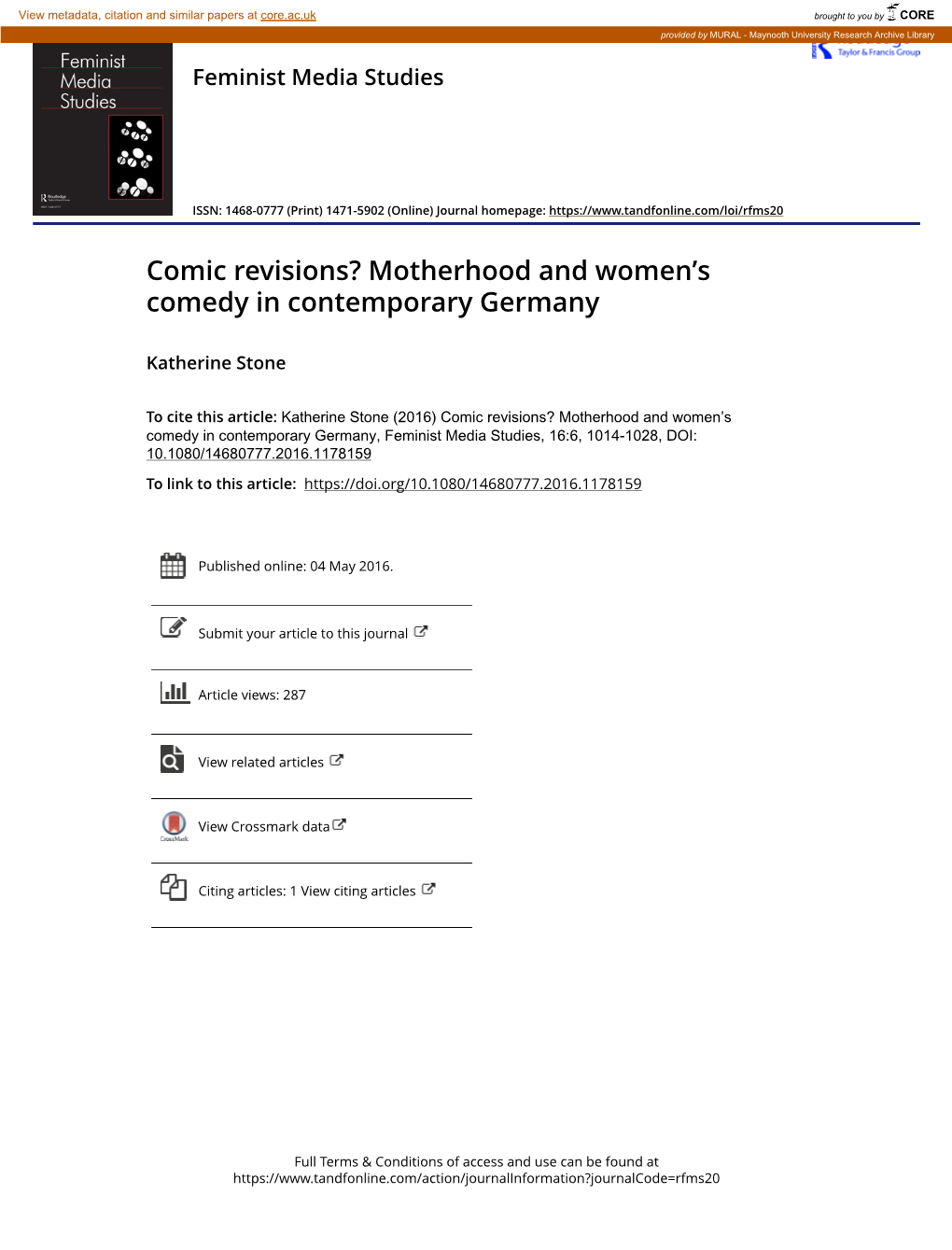 Motherhood and Women's Comedy in Contemporary Germany