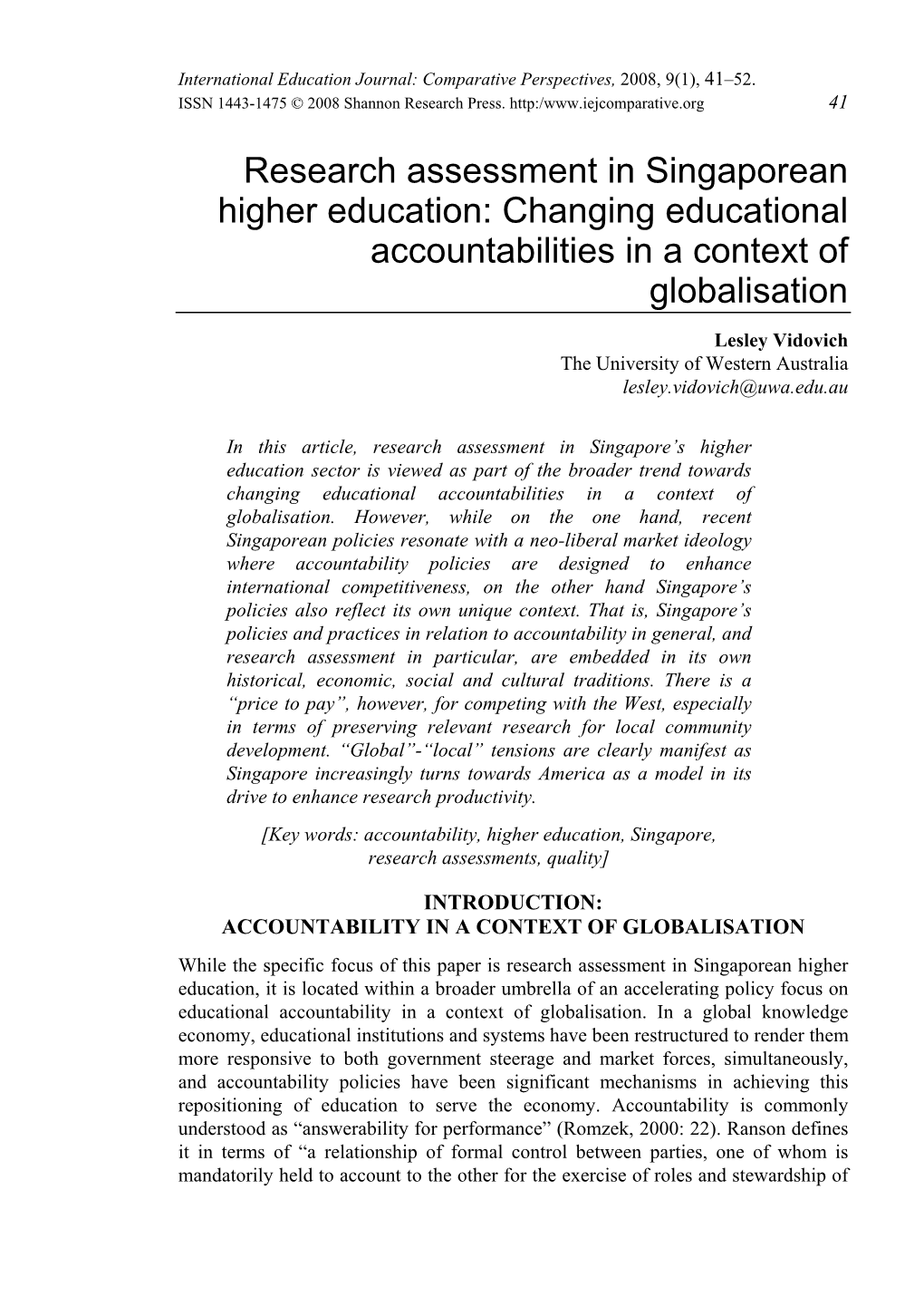 Research Assessment in Singaporean Higher Education: Changing Educational Accountabilities in a Context of Globalisation