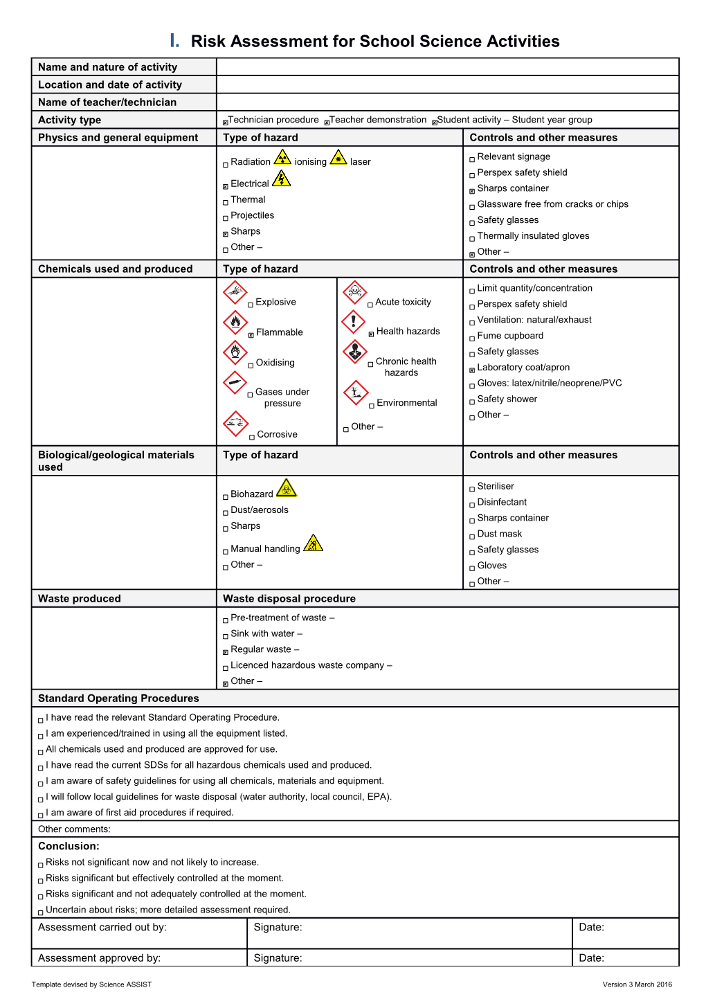 Risk Assessment for School Science Activities