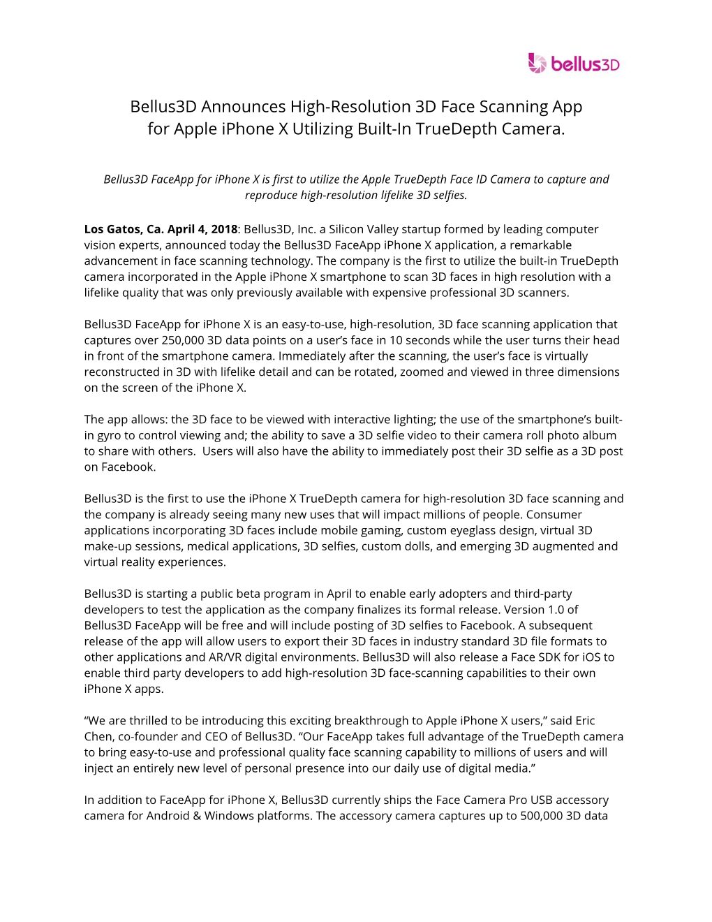 Bellus3d Announces High-Resolution 3D Face Scanning App for Apple Iphone X Utilizing Built-In Truedepth Camera