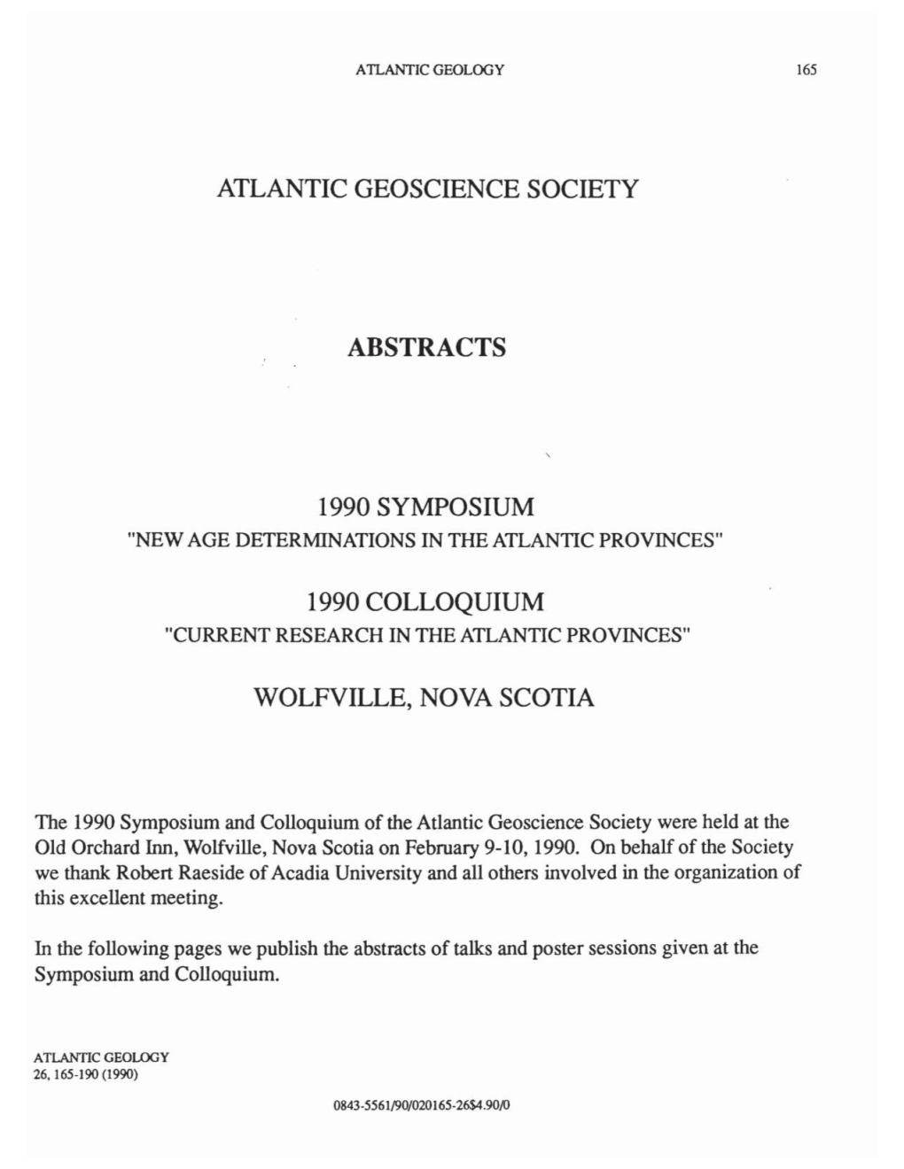Atlantic Geoscience Society Abstracts 1990 Symposium