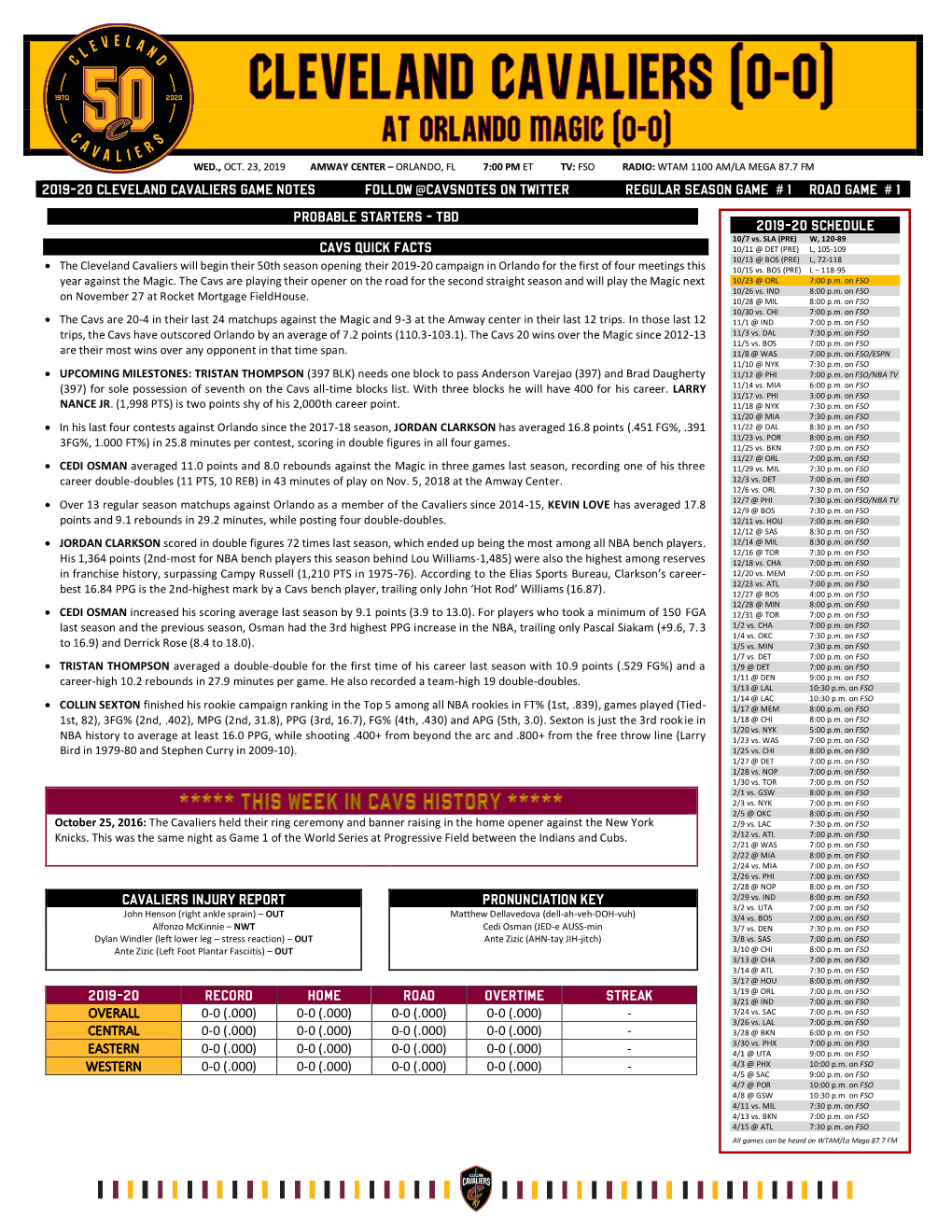 Cavaliers Game Notes Follow @Cavsnotes on Twitter Regular Season Game # 1 Road Game # 1