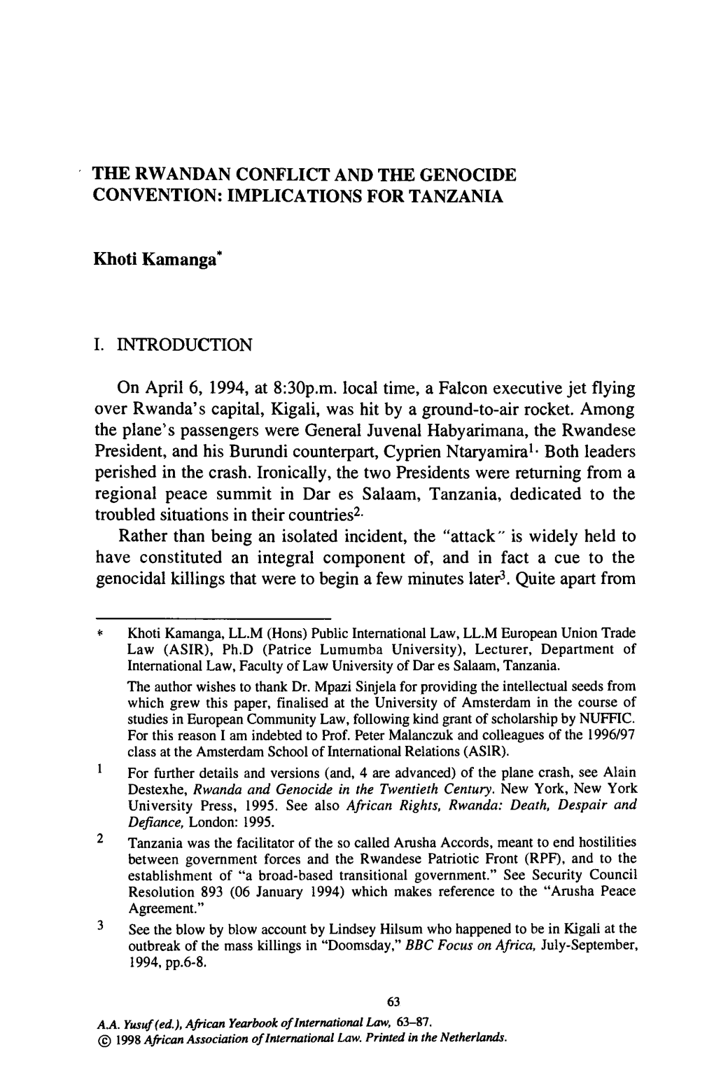 The Rwandan Conflict and the Genocide Convention: Implications for Tanzania