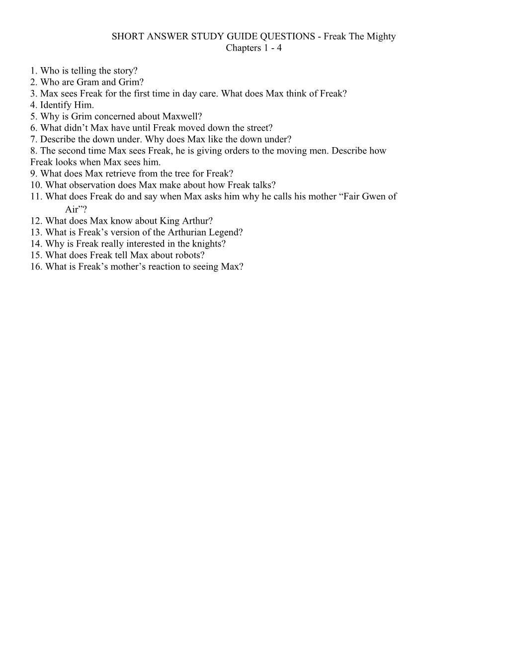 SHORT ANSWER STUDY GUIDE QUESTIONS - Freak the Mighty