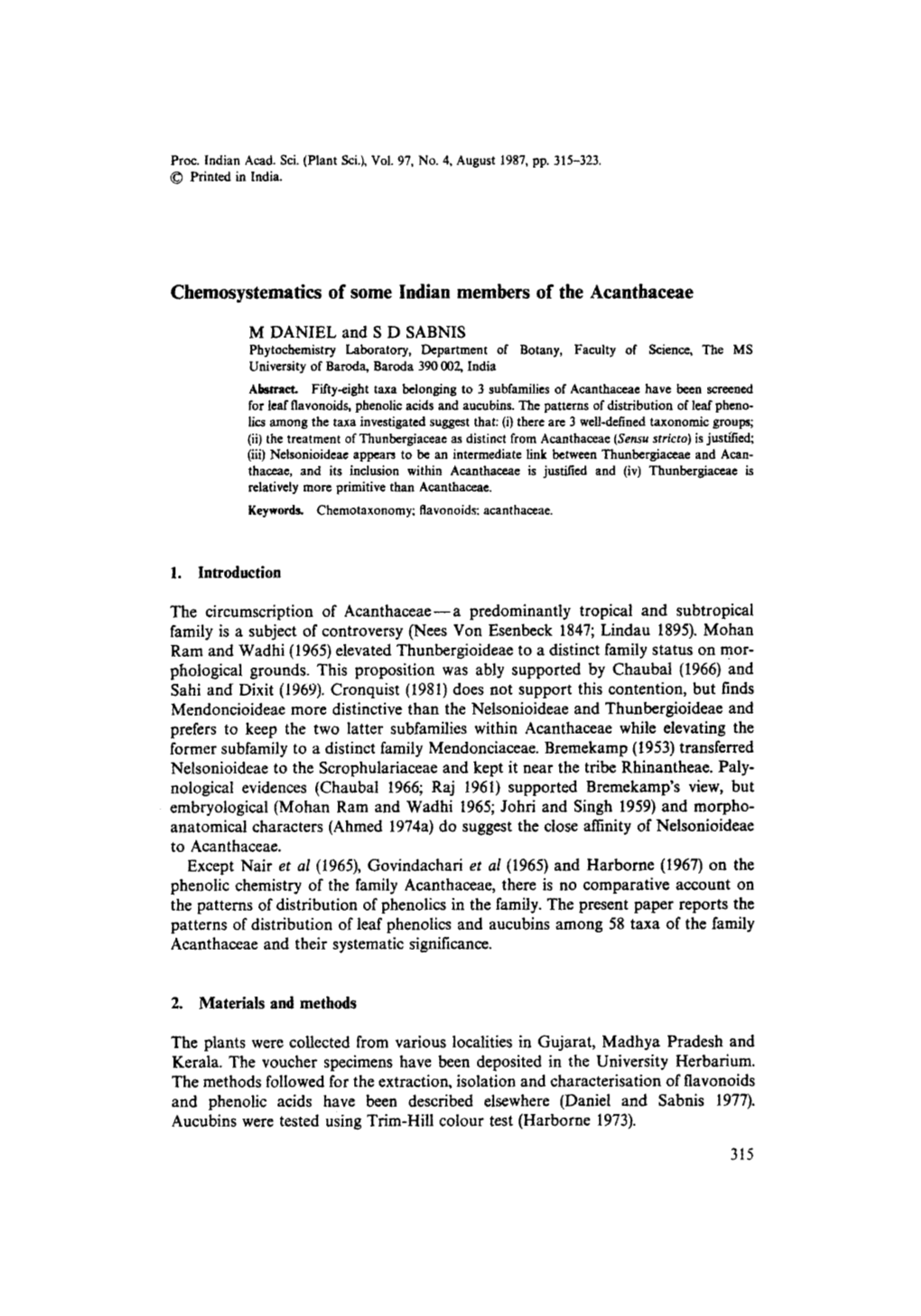 Chemosystematics of Some Indian Members of the Acanthaceae