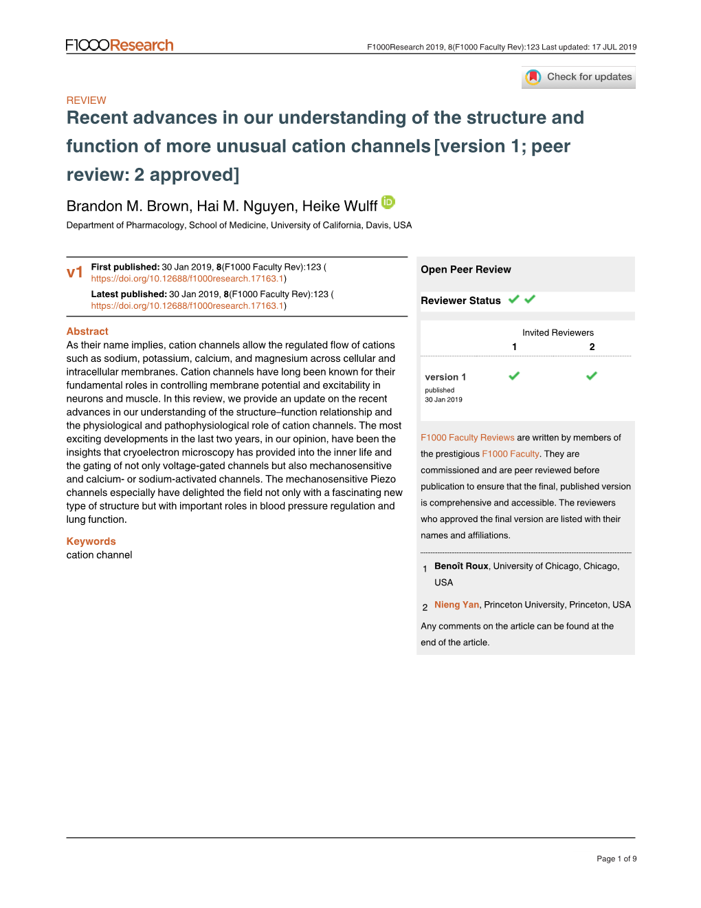 Recent Advances in Our Understanding of the Structure and Function of More Unusual Cation Channels [Version 1; Peer Review: 2 Approved] Brandon M