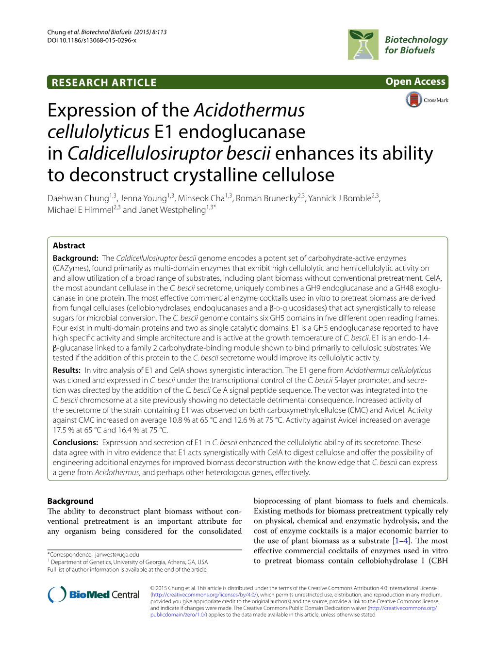 Expression of the Acidothermus Cellulolyticus E1 Endoglucanase in Caldicellulosiruptor Bescii Enhances Its Ability to Deconstruc