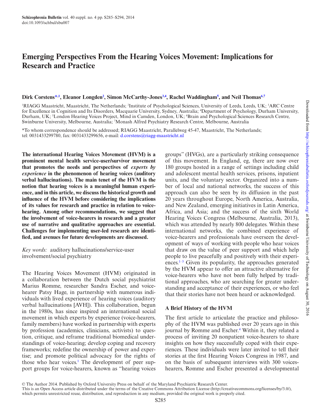 Emerging Perspectives from the Hearing Voices Movement: Implications for Research and Practice