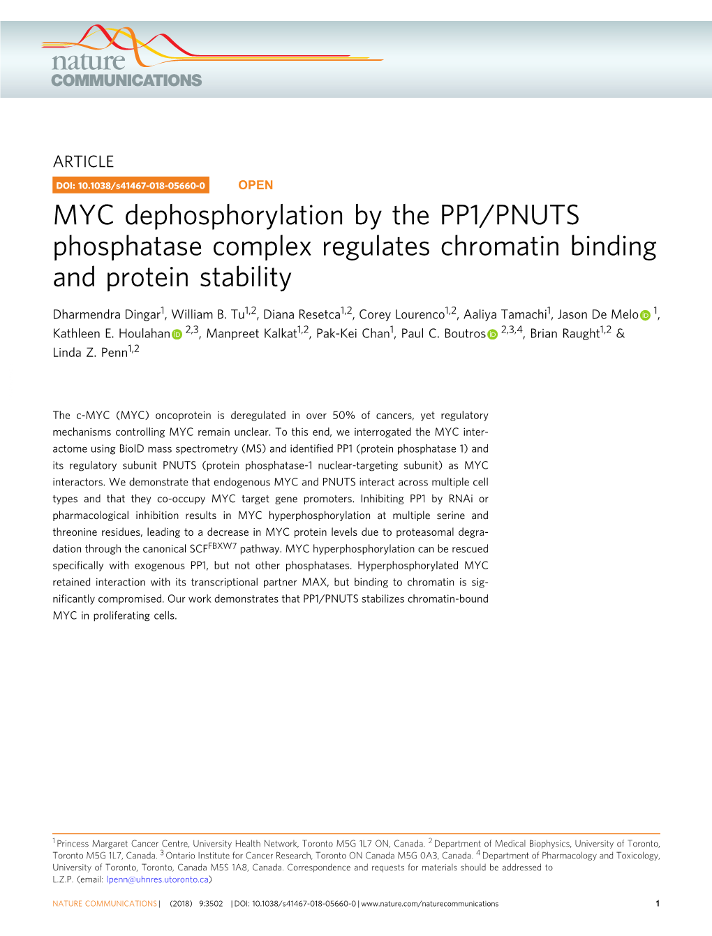 MYC Dephosphorylation by the PP1/PNUTS Phosphatase Complex Regulates Chromatin Binding and Protein Stability