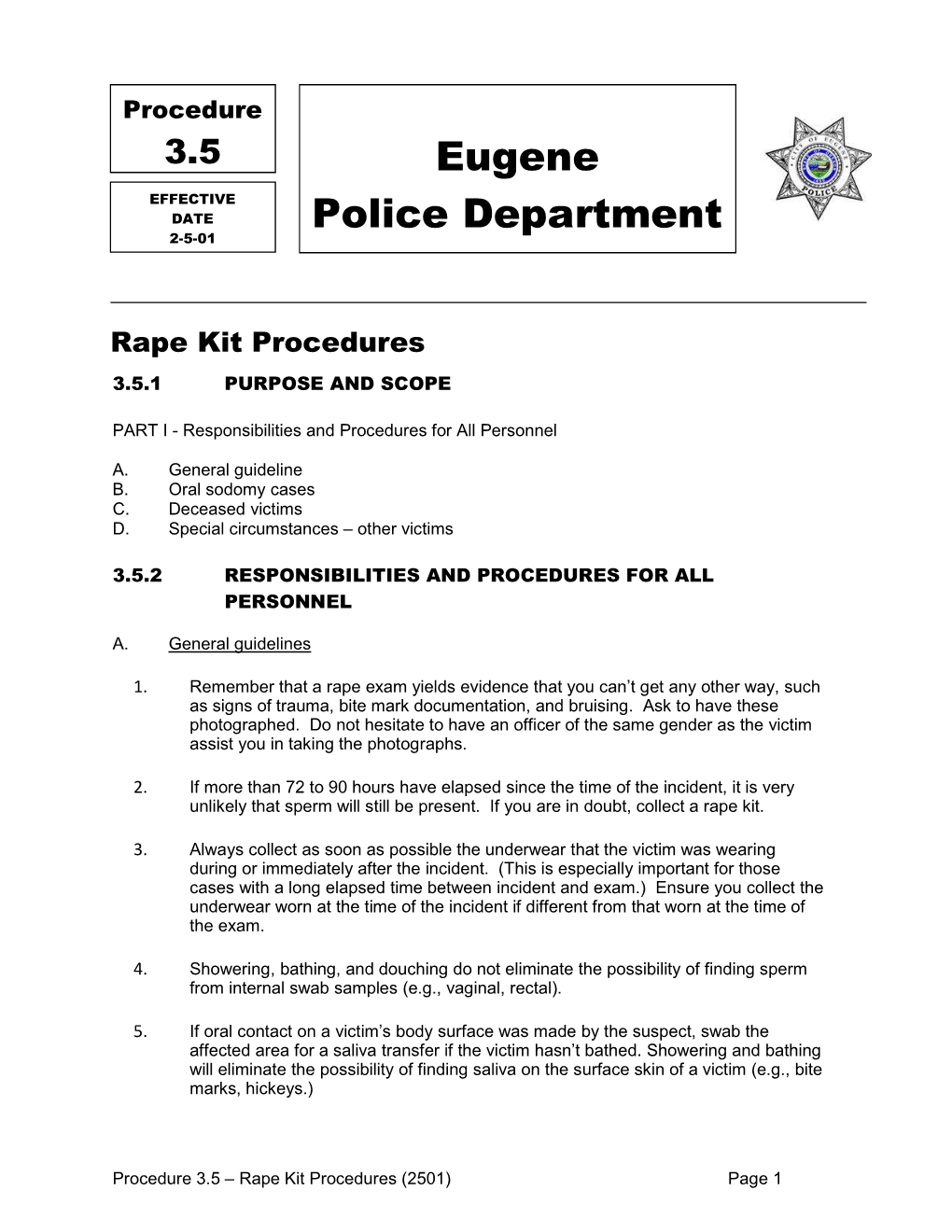 Rape Kit Procedures 3.5.1 PURPOSE and SCOPE