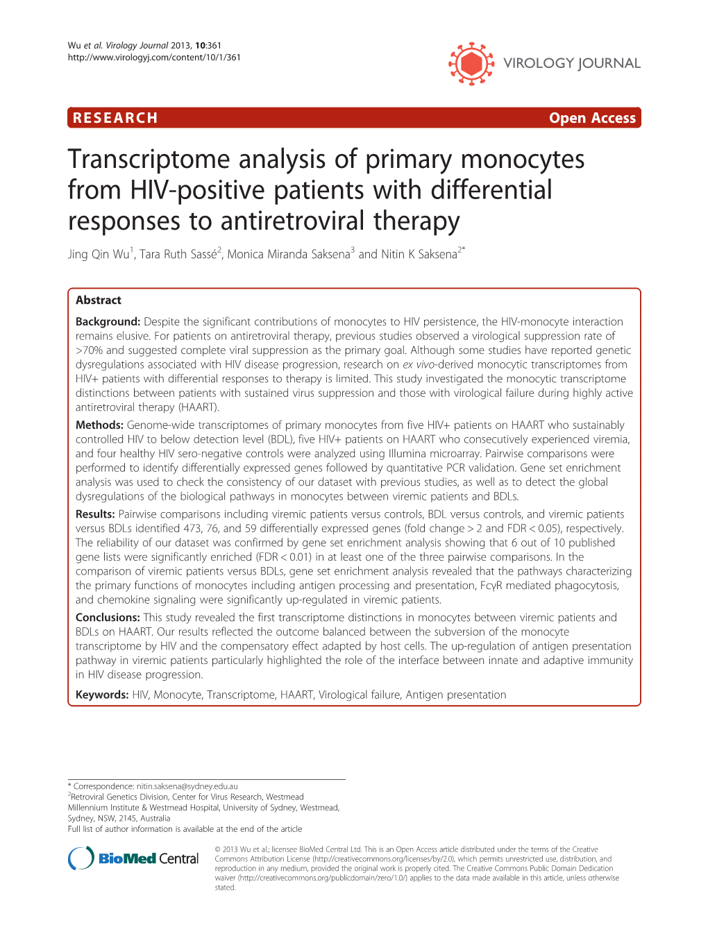 Transcriptome Analysis of Primary Monocytes from HIV-Positive Patients with Differential Responses to Antiretroviral Therapy