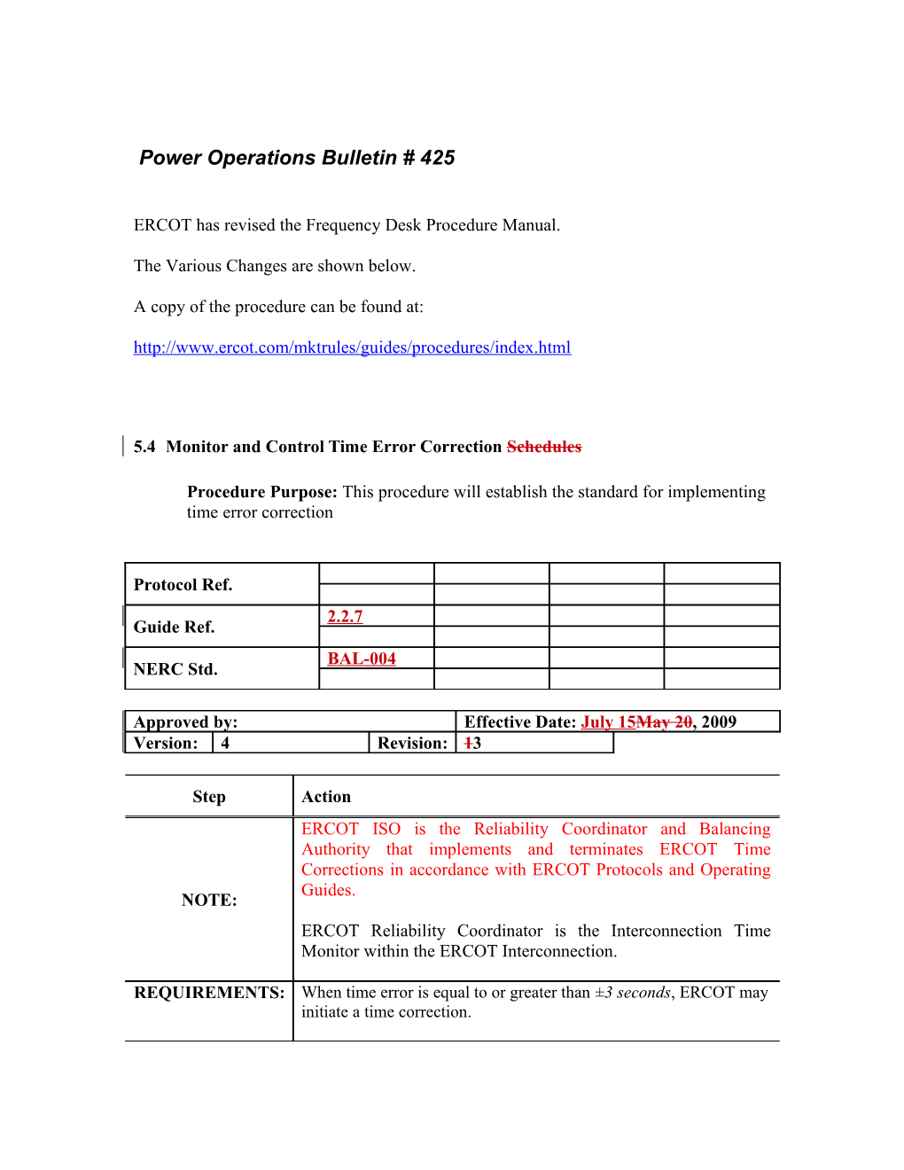 ERCOT Has Revised the Frequency Desk Procedure Manual