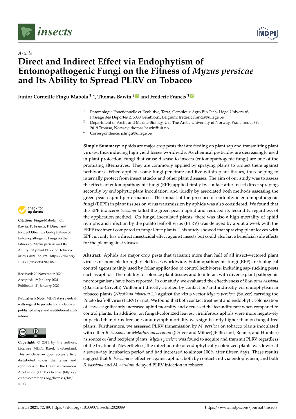 Direct and Indirect Effect Via Endophytism of Entomopathogenic Fungi on the Fitness of Myzus Persicae and Its Ability to Spread PLRV on Tobacco