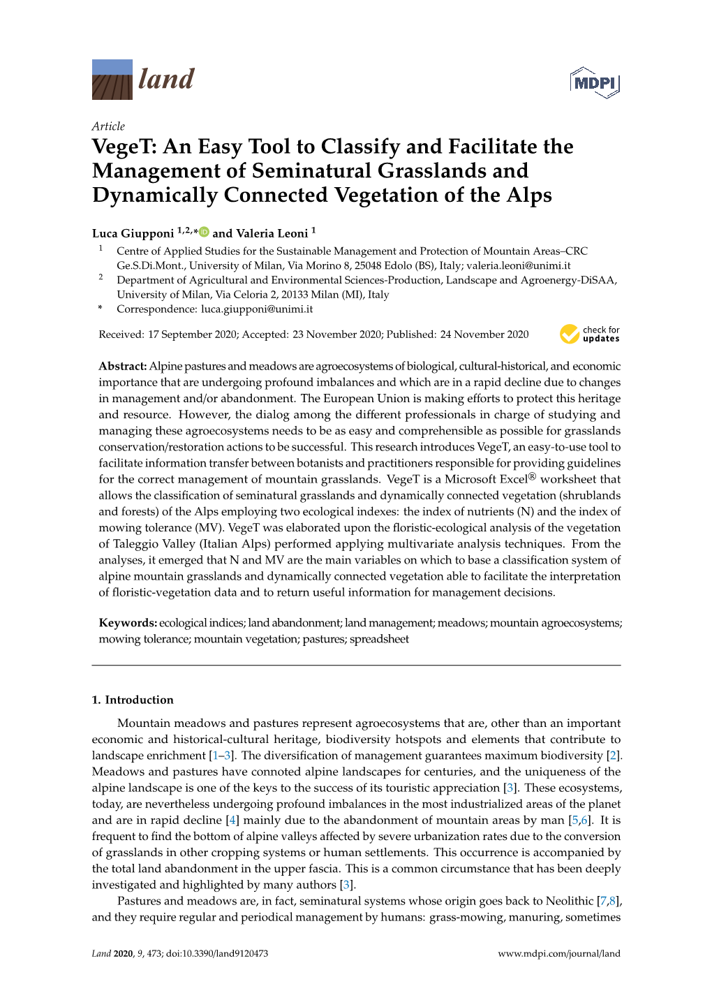 An Easy Tool to Classify and Facilitate the Management of Seminatural Grasslands and Dynamically Connected Vegetation of the Alps