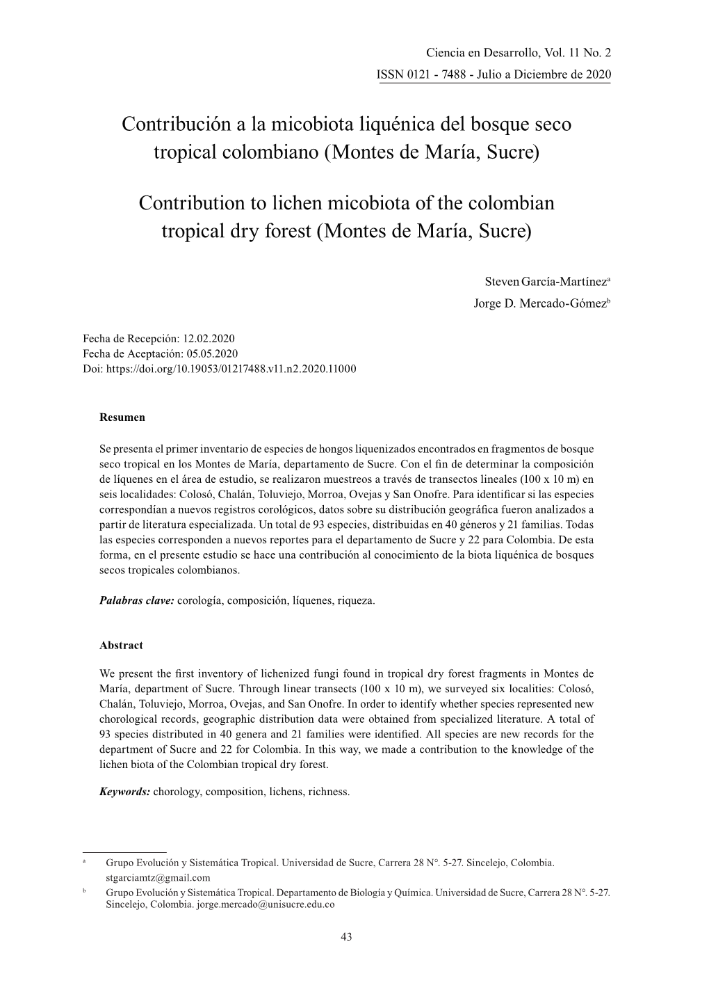 Contribución a La Micobiota Liquénica Del Bosque Seco Tropical Colombiano (Montes De María, Sucre)