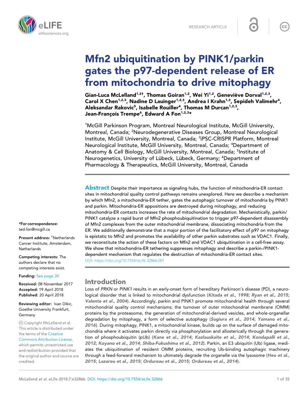 Mfn2 Ubiquitination by PINK1/Parkin Gates the P97