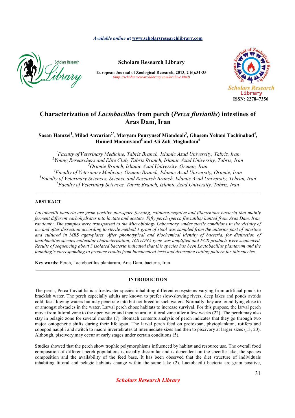 Characterization of Lactobacillus from Perch (Perca Fluviatilis) Intestines Of