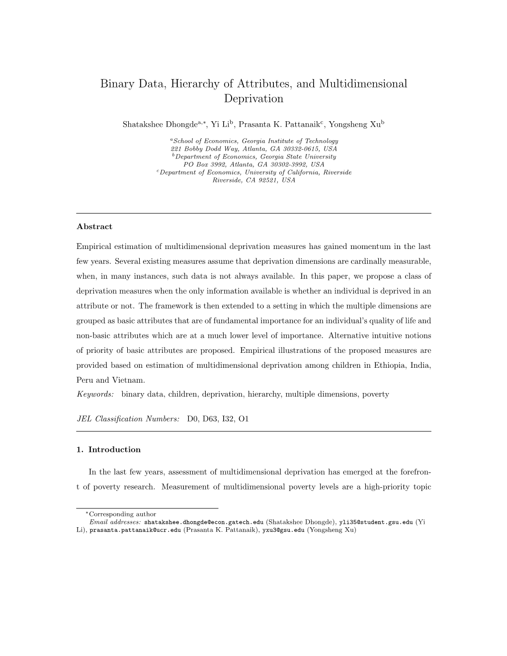 Binary Data, Hierarchy of Attributes, and Multidimensional Deprivation