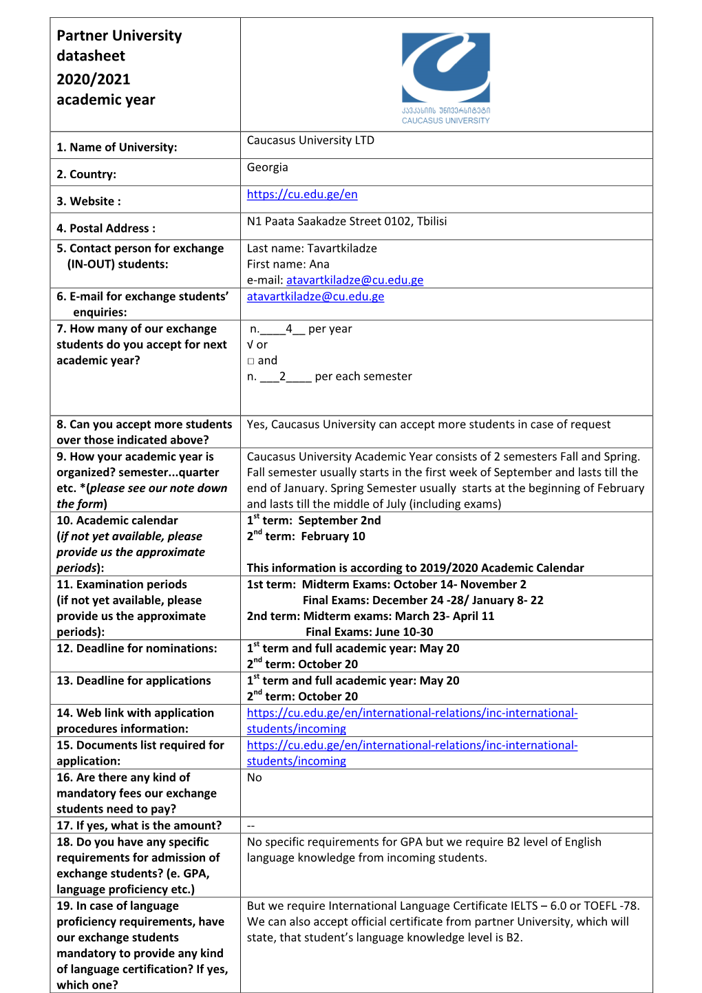 Partner University Datasheet 2020/2021 Academic Year