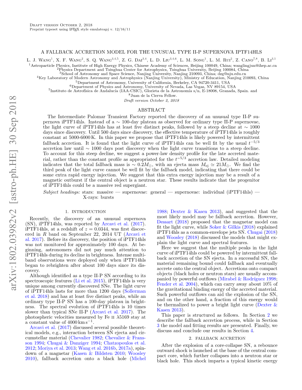 Arxiv:1802.03982V2 [Astro-Ph.HE] 30 Sep 2018 of Iptf14hls Lasts for More Than 1200 Days (Sollerman the Gravitational Binding Energy of the Accreted Material