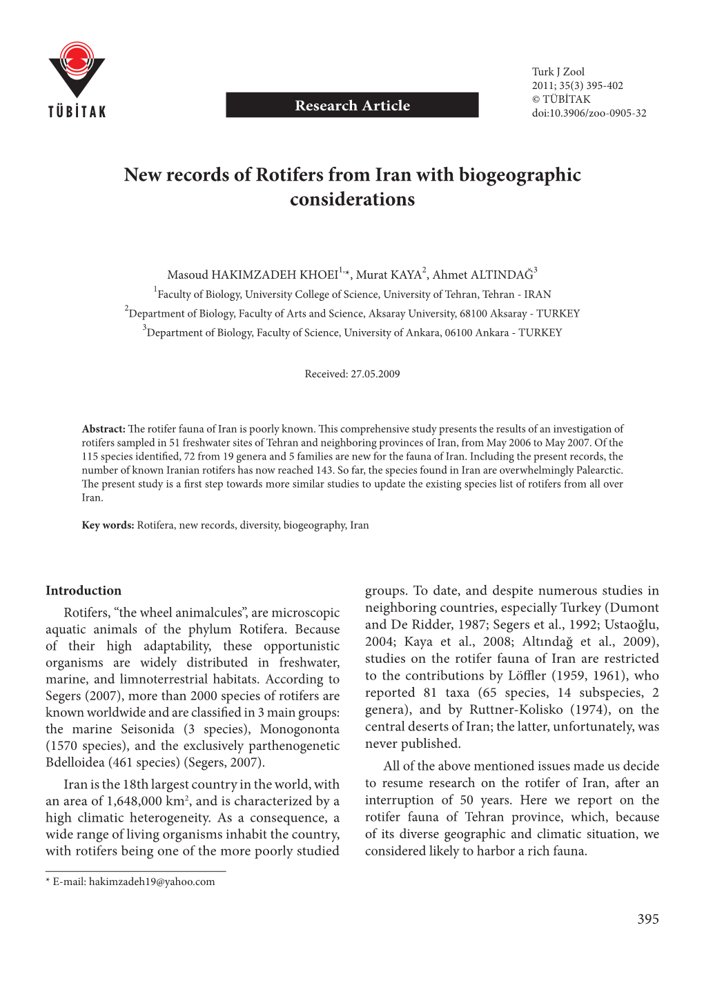 New Records of Rotifers from Iran with Biogeographic Considerations