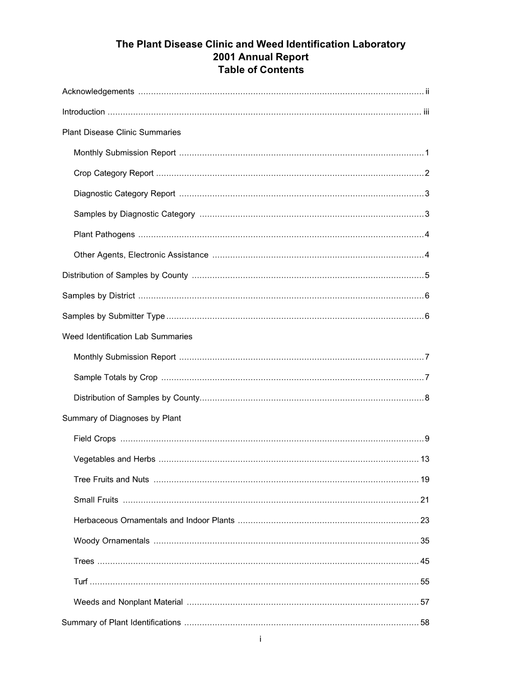 The Plant Disease Clinic and Weed Identification Laboratory 2001 Annual Report Table of Contents