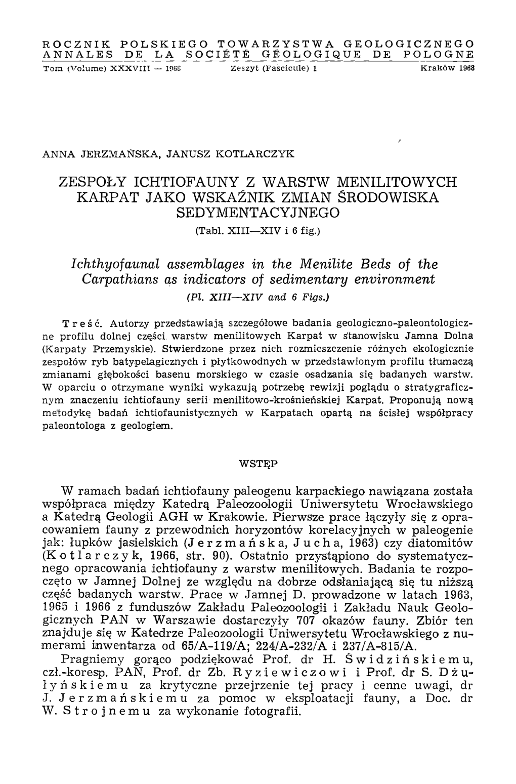 ZESPOŁY ICHTIOFAUNY Z WARSTW MENILITOWYCH KARPAT JAKO WSKAŹNIK ZMIAN ŚRODOWISKA SEDYMENTACYJNEGO (Tabl