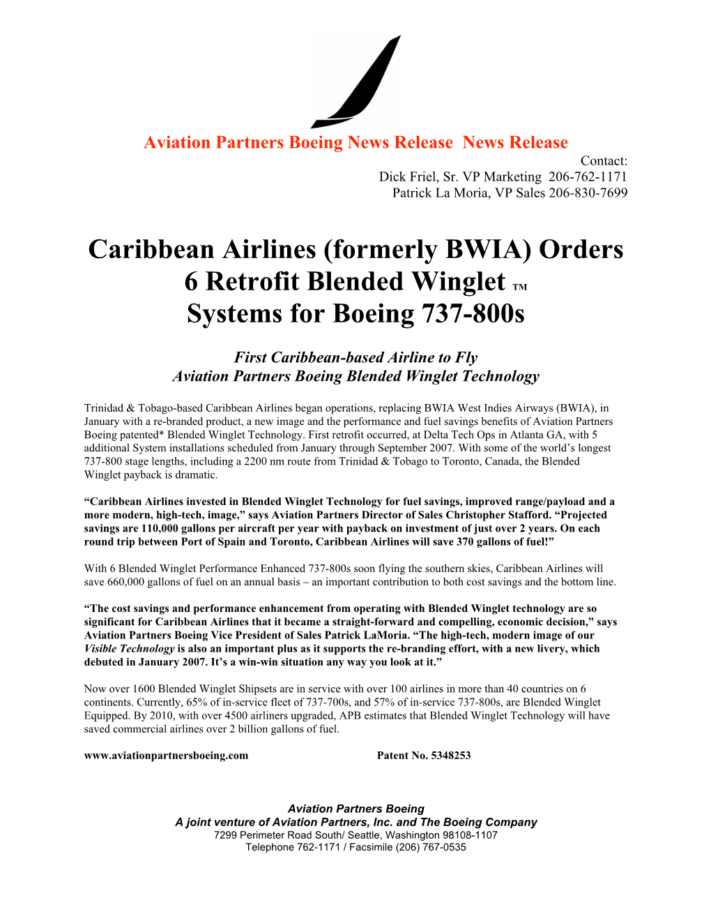 Caribbean Airlines (Formerly BWIA) Orders 6