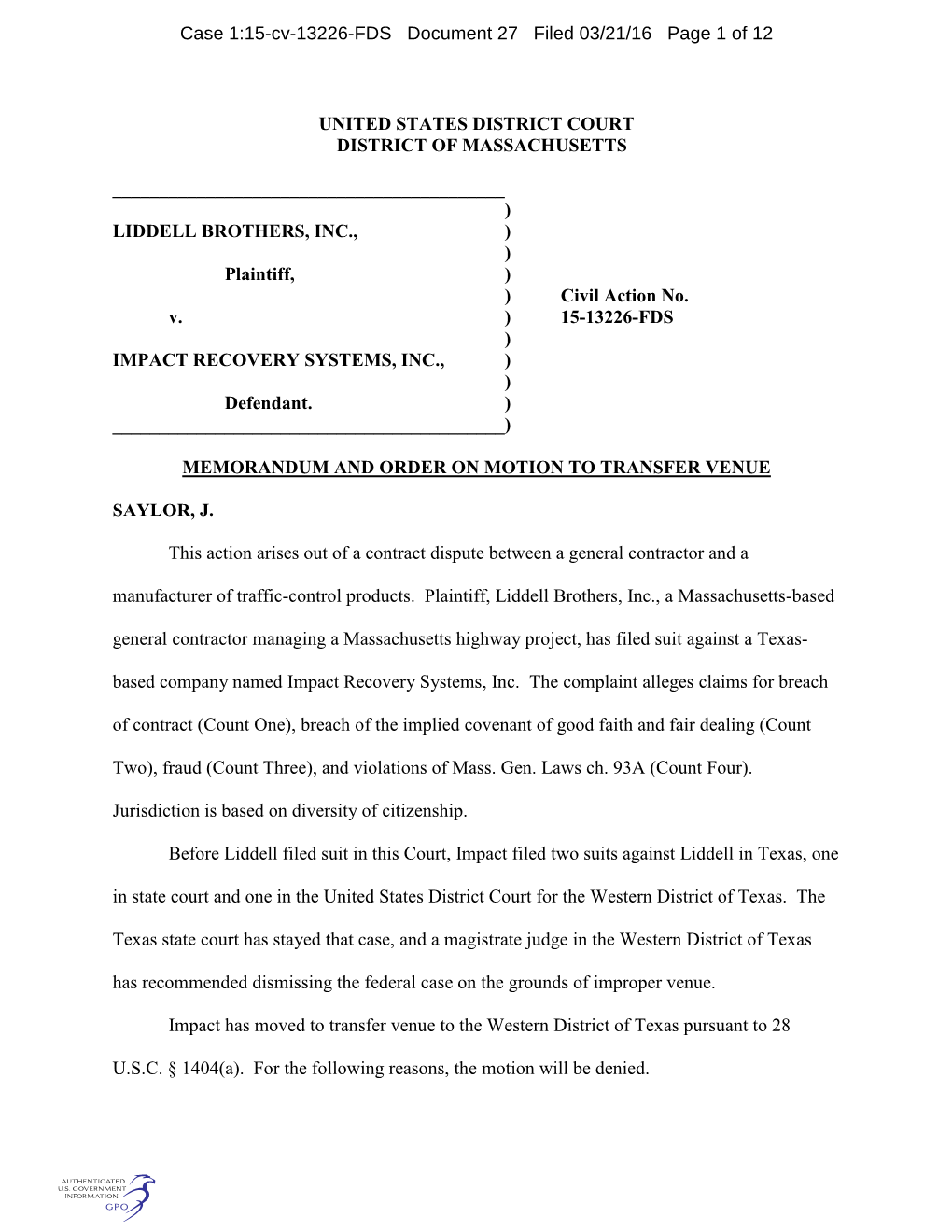 Case 1:15-Cv-13226-FDS Document 27 Filed 03/21/16 Page 1 of 12