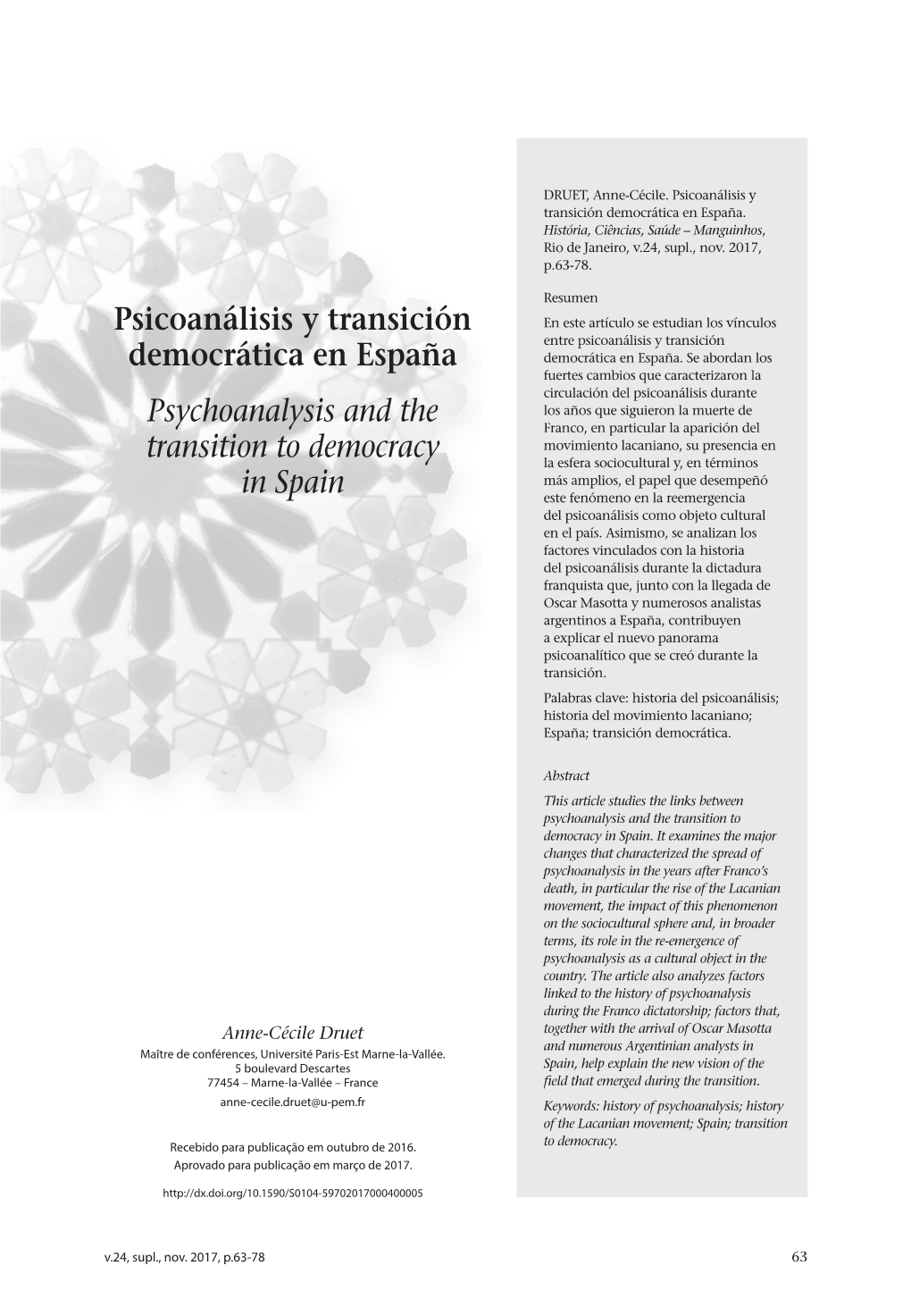 Psychoanalysis and the Transition to Democracy in Spain