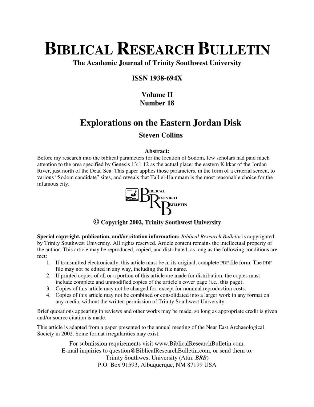 BIBLICAL RESEARCH BULLETIN the Academic Journal of Trinity Southwest University