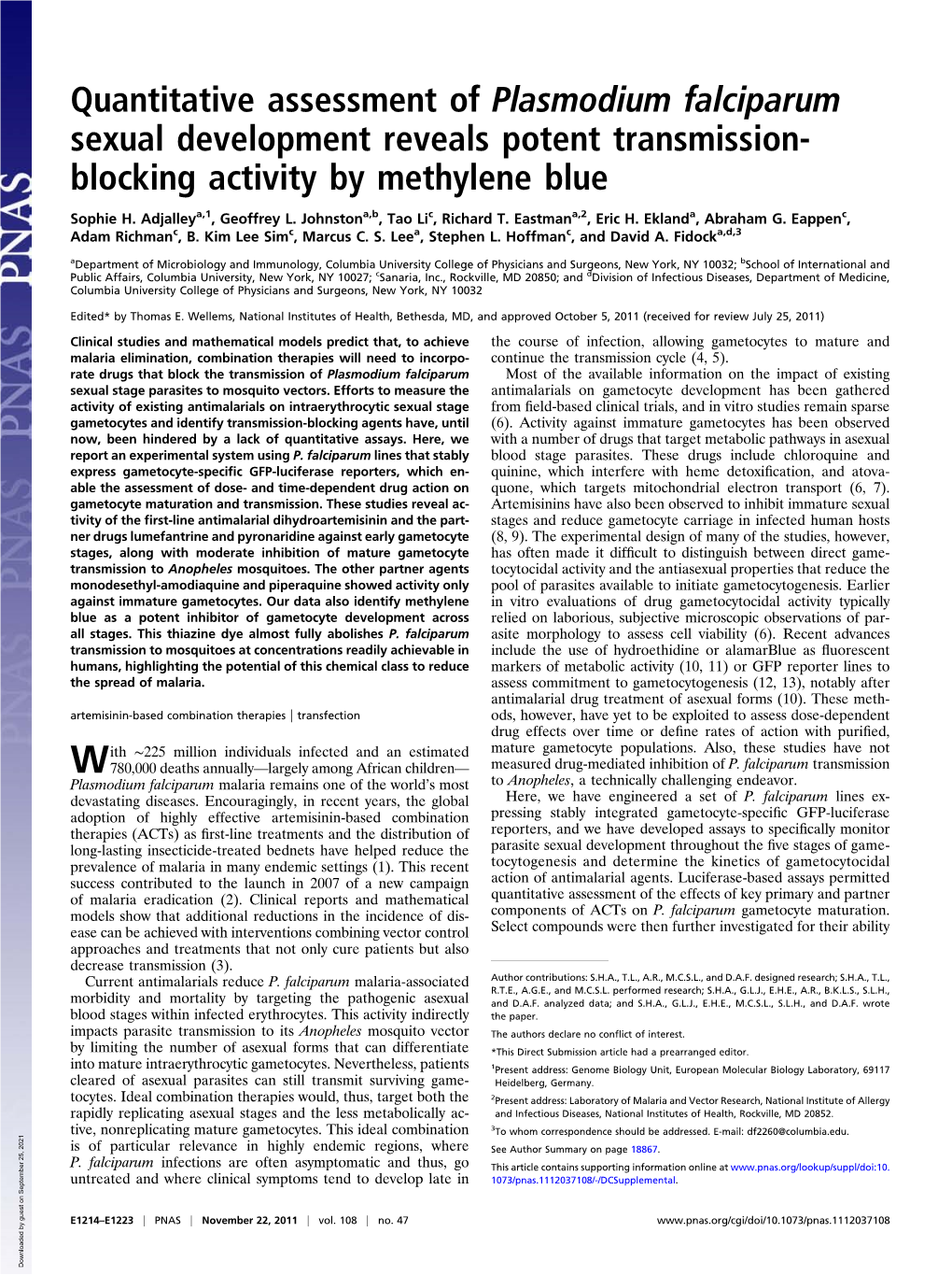 Quantitative Assessment of Plasmodium Falciparum Sexual Development Reveals Potent Transmission- Blocking Activity by Methylene Blue