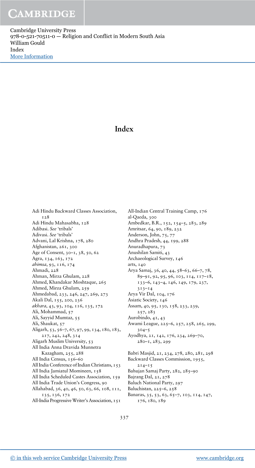 Cambridge University Press 978-0-521-70511-0 — Religion and Conflict in Modern South Asia William Gould Index More Information