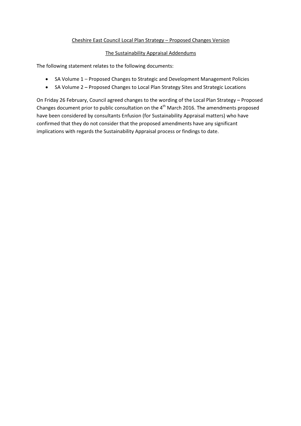 Sustainability (Integrated) Appraisal Addendum Report Volume 1