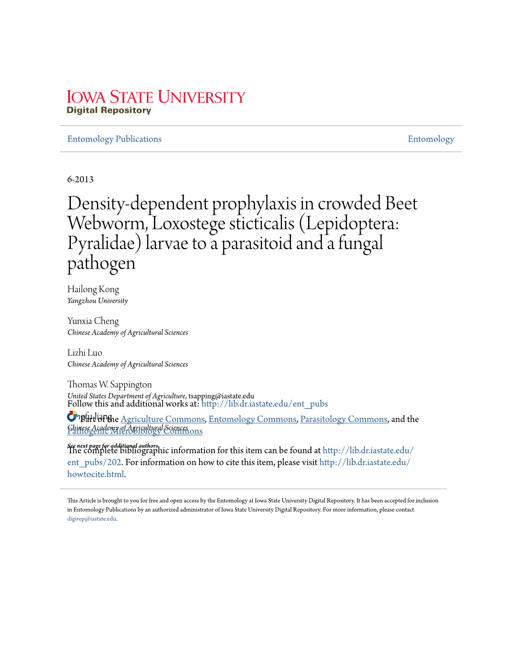 Density-Dependent Prophylaxis in Crowded Beet Webworm