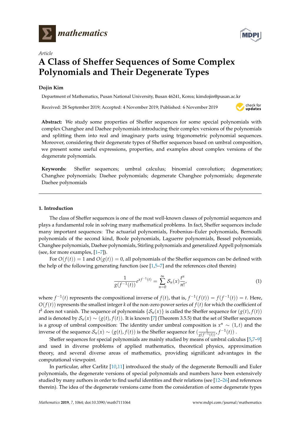 A Class of Sheffer Sequences of Some Complex Polynomials and Their Degenerate Types