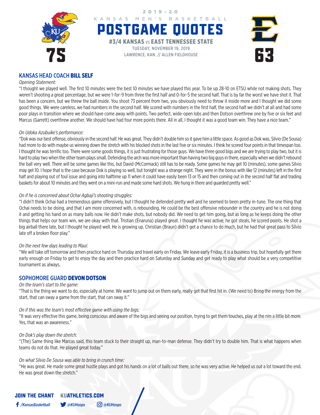 Postgame Quotes #3/4 Kansas Vs East Tennessee State Tuesday, November 19, 2019 75 Lawrence, Kan