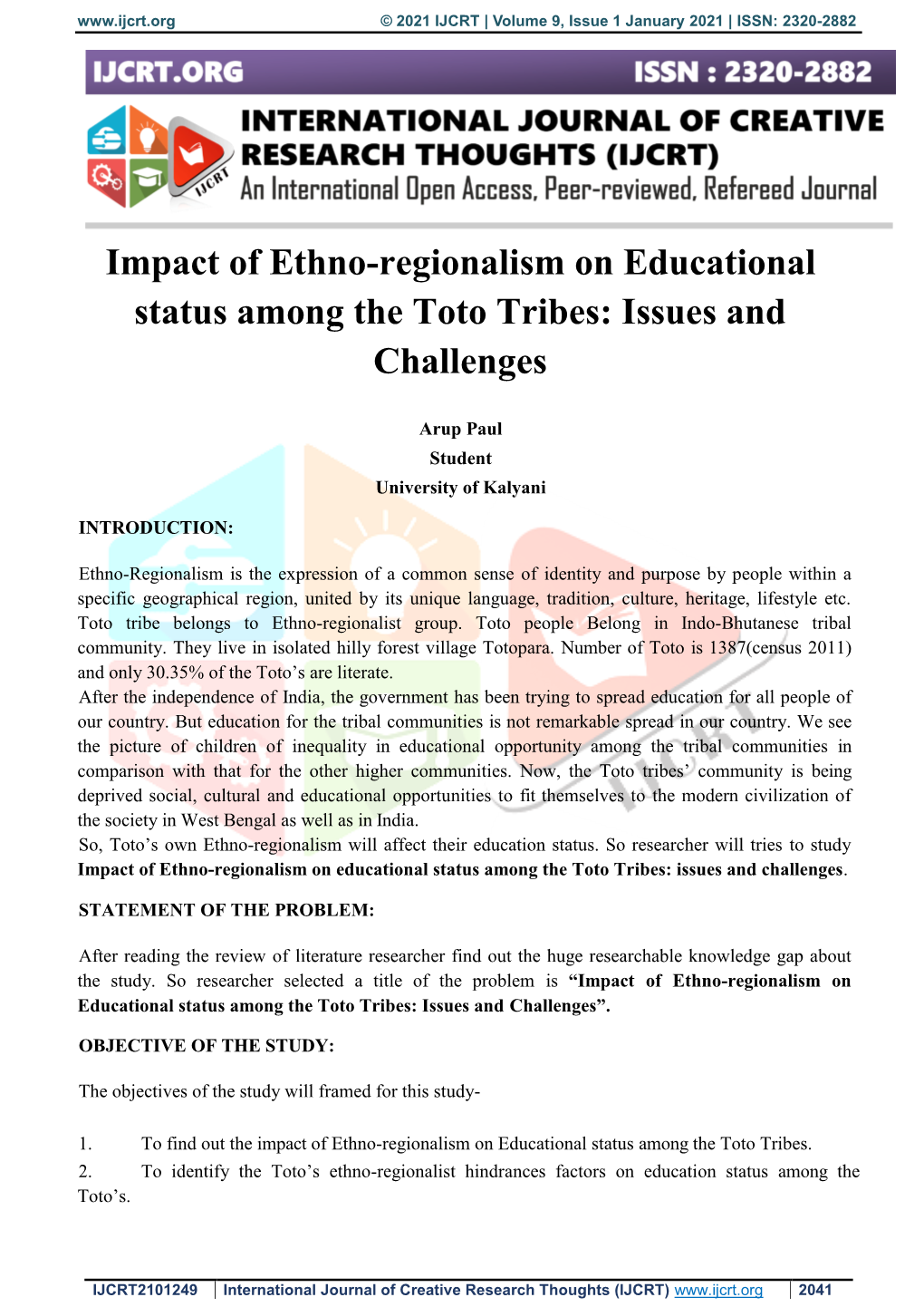 Impact of Ethno-Regionalism on Educational Status Among the Toto Tribes: Issues and Challenges