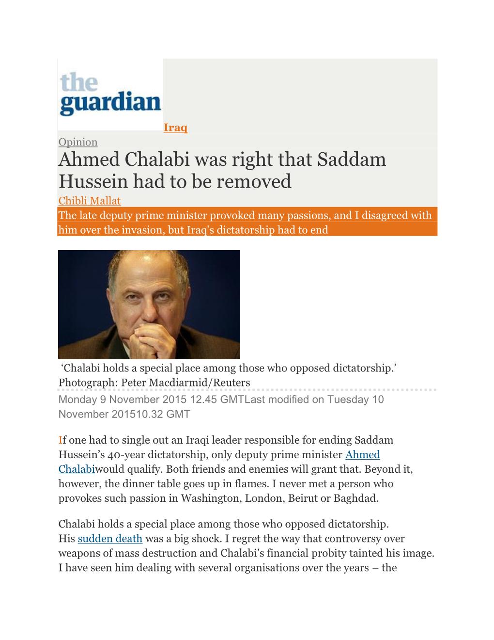 Ahmed Chalabi Was Right That Saddam Hussein Had to Be Removed