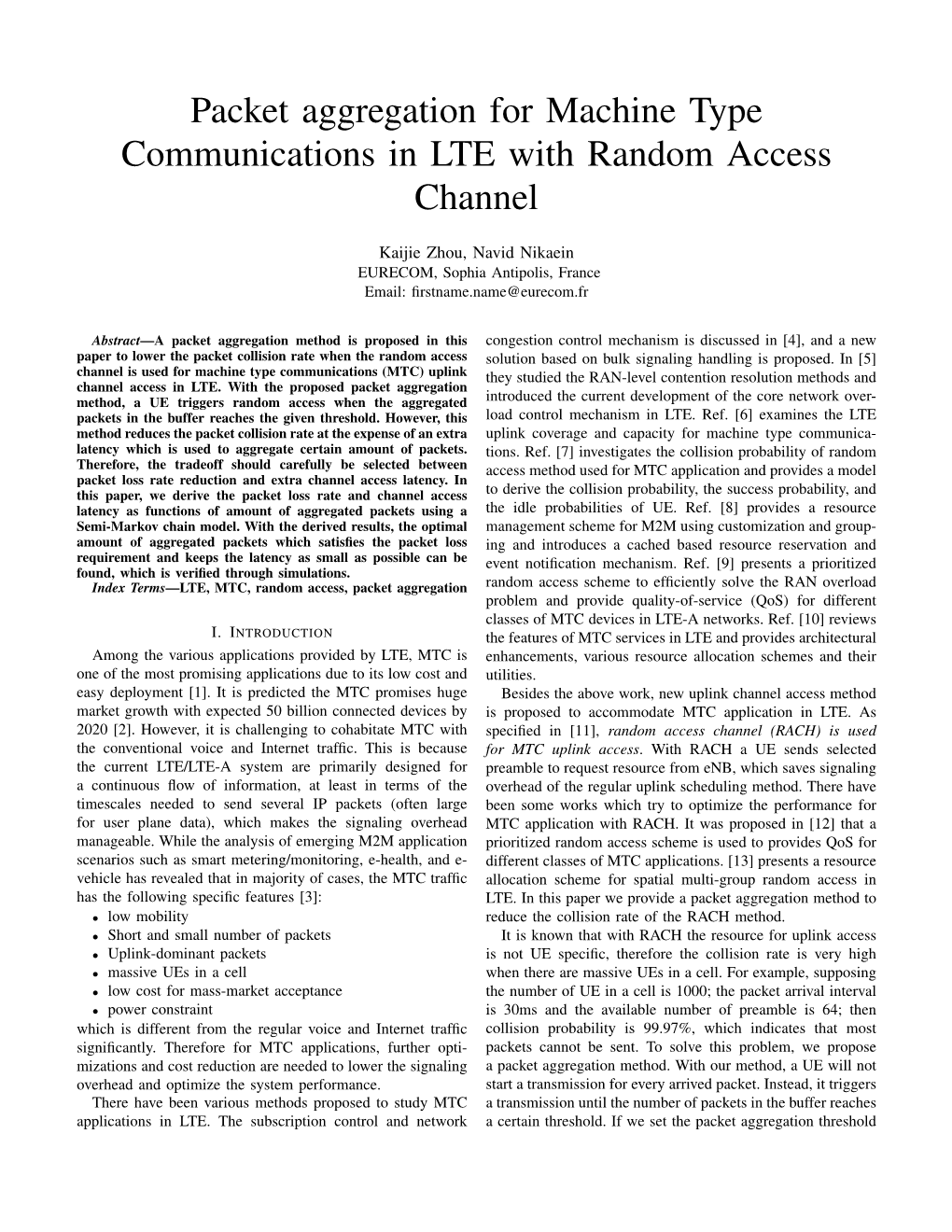 Packet Aggregation for Machine Type Communications in LTE with Random Access Channel