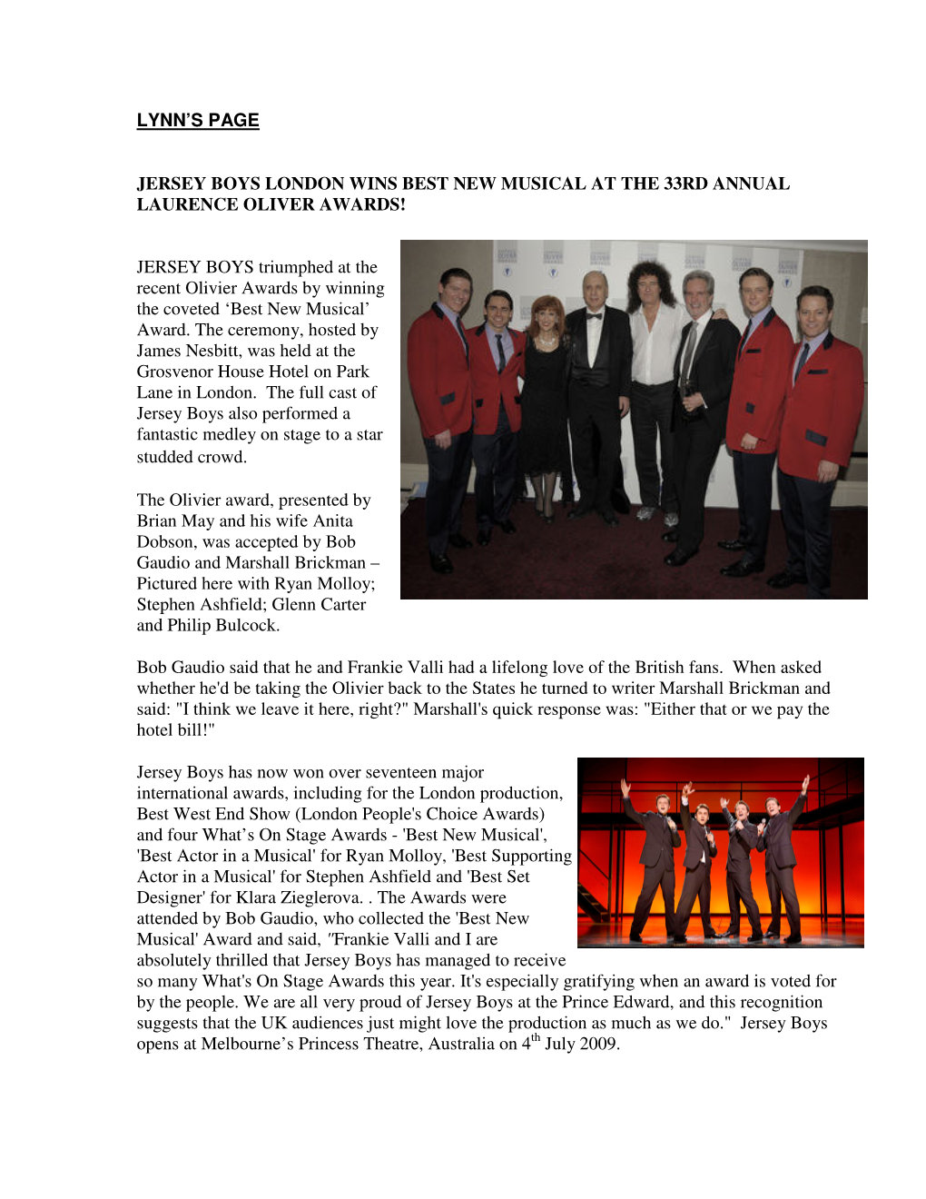 Lynn's Page Jersey Boys London Wins Best New