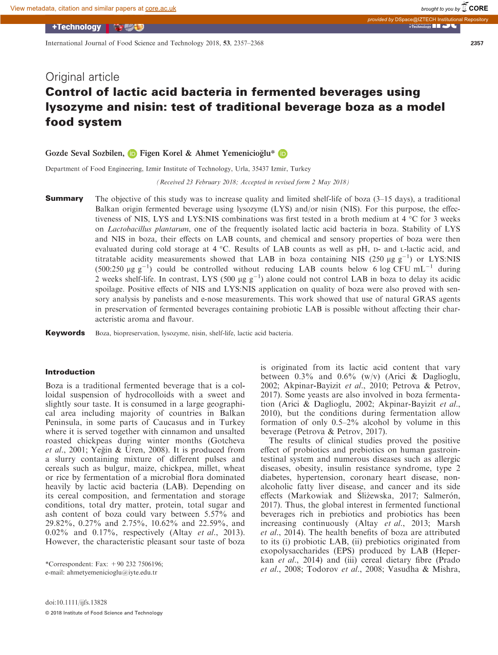 Control of Lactic Acid Bacteria in Fermented Beverages Using Lysozyme and Nisin: Test of Traditional Beverage Boza As a Model Food System