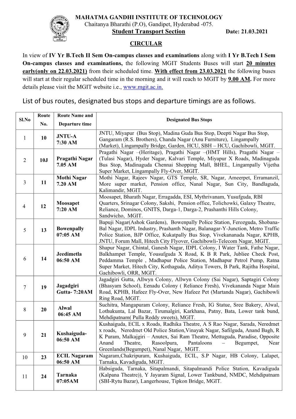 List of Bus Routes, Designated Bus Stops and Departure Timings Are As Follows