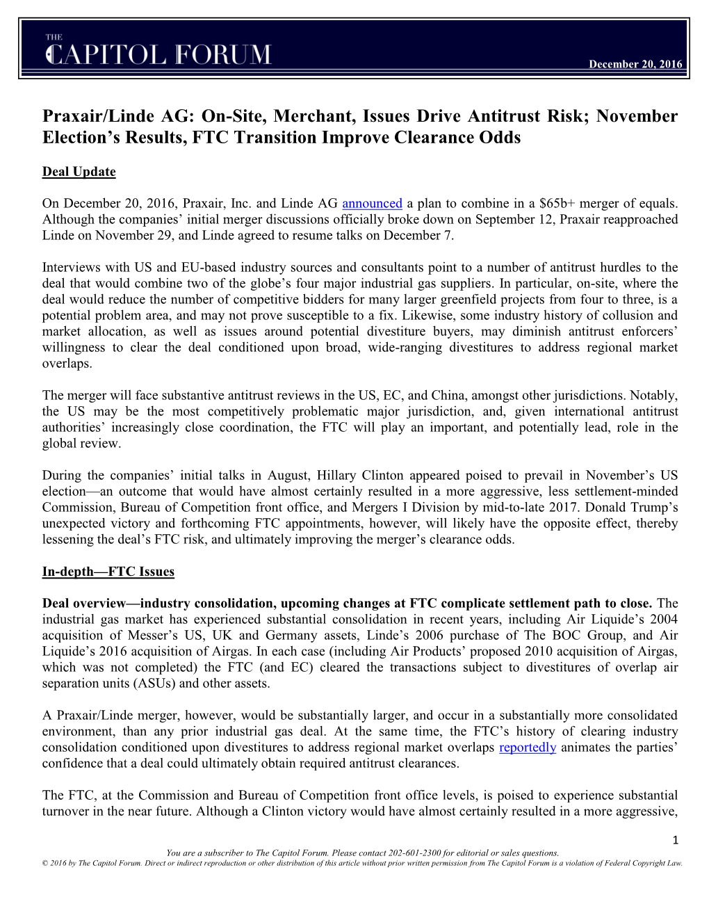 Praxair/Linde AG: On-Site, Merchant, Issues Drive Antitrust Risk; November Election’S Results, FTC Transition Improve Clearance Odds